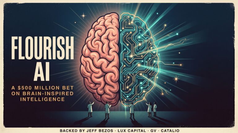 Giant brain poster with pink organic hemisphere, gold circuitry, and tiny scientists, with 'Flourish AI' title on deep navy b