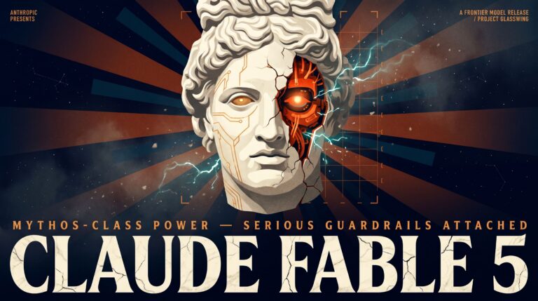 Marble bust split: pristine left with amber circuits, fractured right with orange cybernetics, bold poster text 'Claude Fable
