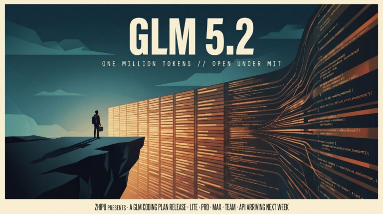 Tiny developer silhouette on a dark cliff edge facing an immense glowing wall of cascading code and data strips, with 'GLM 5.