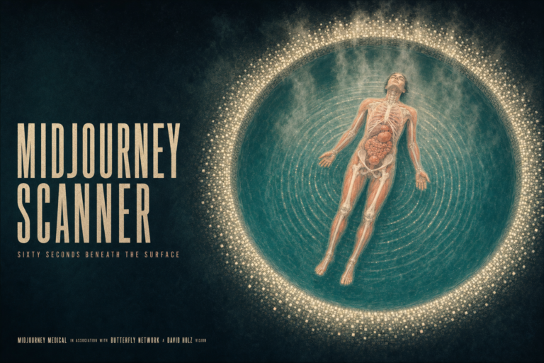 Aerial view of a nude figure floating into a glowing teal pool ringed by luminous micro-sensors, with ultrasound anatomy laye