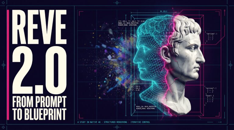 Wireframe-to-marble portrait bust transformation with cyan grid, floating code snippets, and ‘REVE 2.0’ title on a dark indig