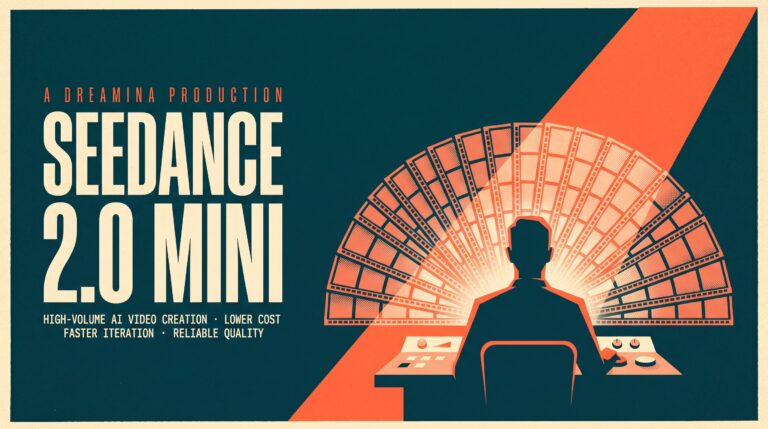 A stylized poster: creator silhouette seated at console, fanned-out film frames glowing coral, bold 'Seedance 2.0 Mini' type,