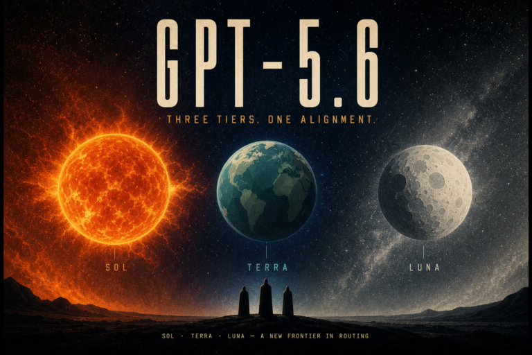 Cinematic sci-fi cover with three celestial spheres labeled Sol, Terra, Luna and the title GPT-5.6 over a starfield horizon.