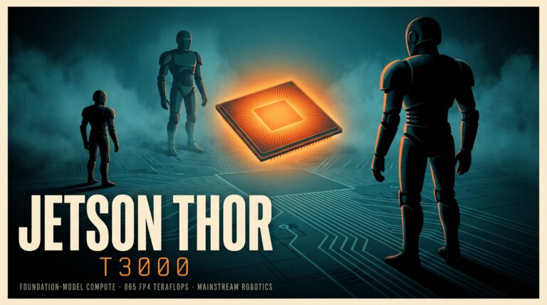 Glowing rectangular AI compute module radiating amber light, surrounded by three humanoid robots of ascending scale in a dark