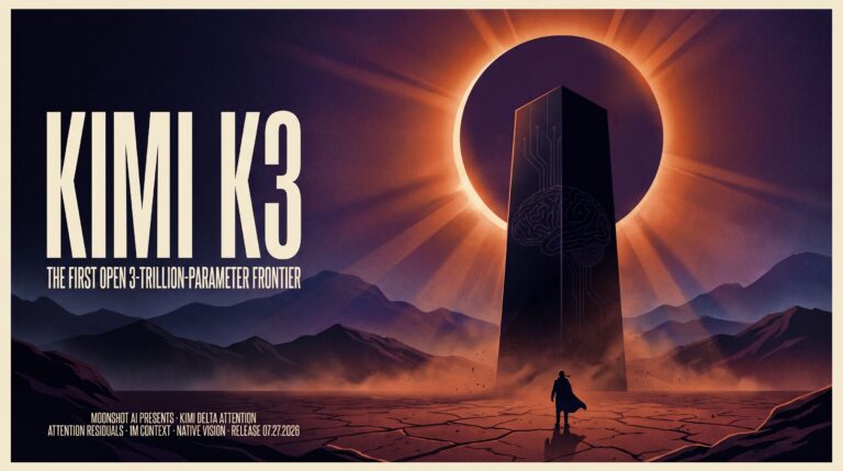 Colossal black geometric monolith in cracked desert with glowing eclipse, tiny figure at base, title 'KIMI K3' in cream typog