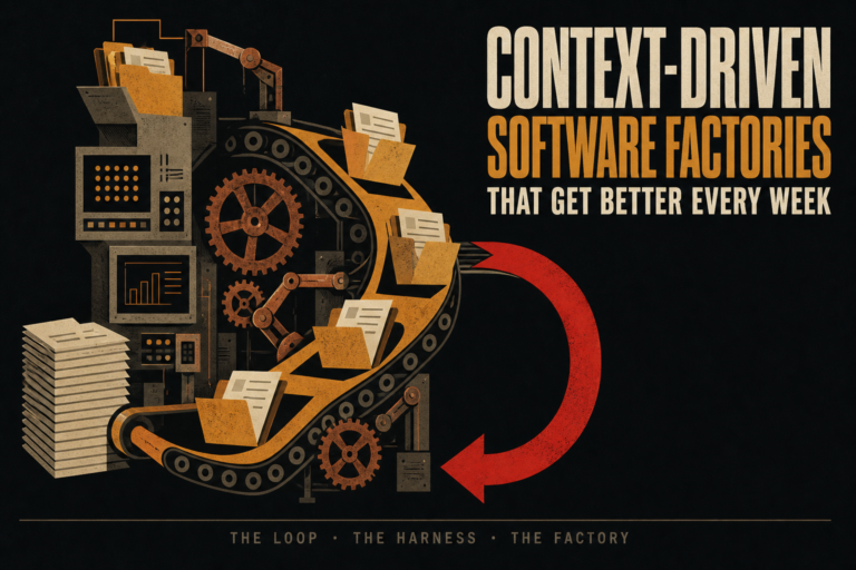 Charcoal flat vector poster of a factory built from file folders, copper gears, and terminal screens, with an amber conveyor