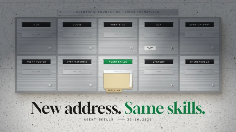Mailbox wall with ten AAIF projects; one box has a green AGENT SKILLS nameplate and a SKILL.md folder in its slot