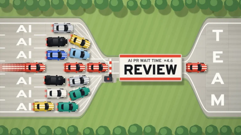 Aerial view of an hourglass motorway: seven AI lanes of sports cars squeeze through one REVIEW toll gate, the TEAM road beyond is empty