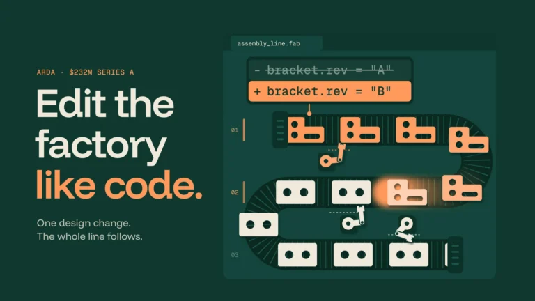 Factory conveyor line inside a code editor: a diff changes bracket.rev from A to B and an orange wave turns parts into new brackets