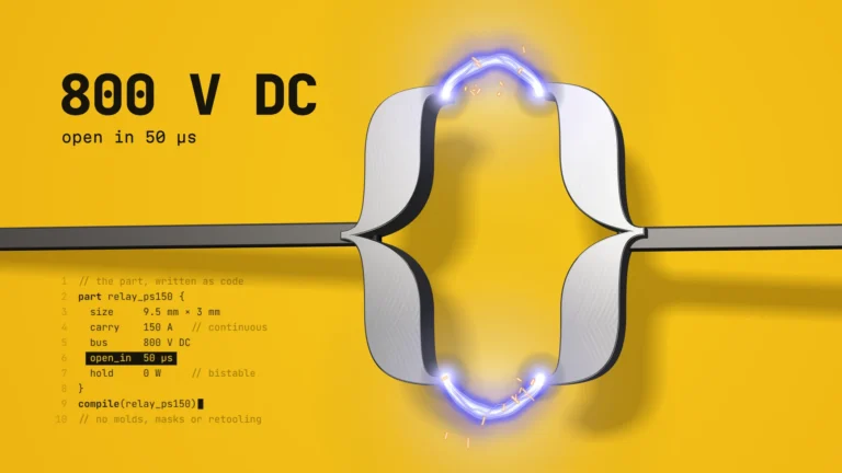 Steel curly braces spring apart on a power bar with blue arcs, next to 800 V DC and a code listing for a 150 A relay