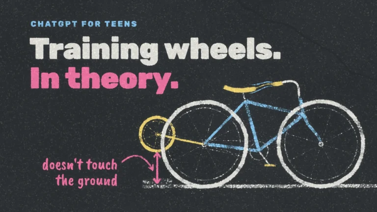 Chalk drawing on asphalt: a kid's bike whose training wheel hangs above the ground, pink arrow: "doesn't touch".