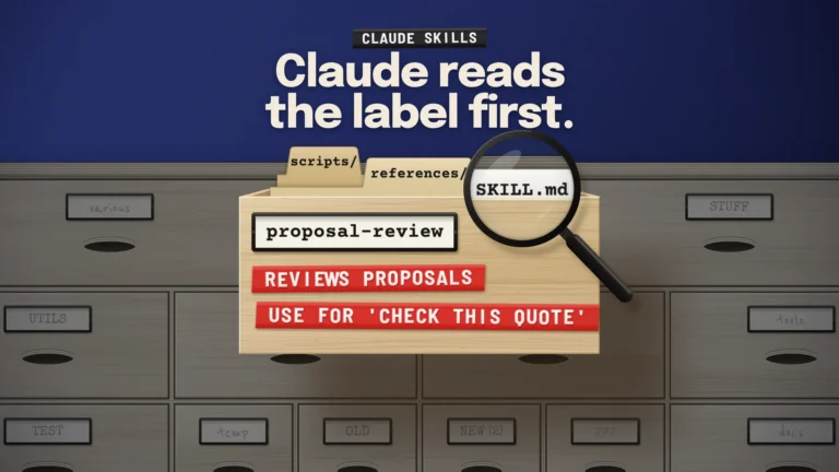 Birch drawer cabinet with vague labels; one drawer with a red Dymo label slides open, showing SKILL.md under a loupe