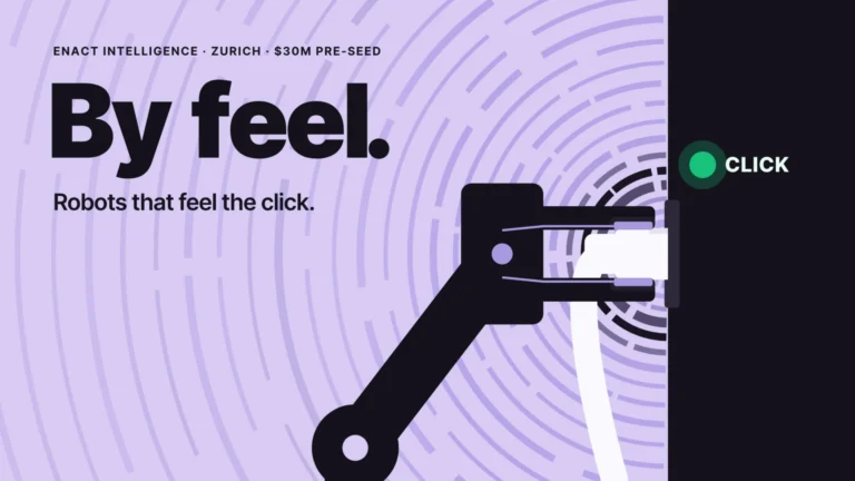 Robot gripper plugs a white cable into a black wall, concentric arcs show the force and a green light signals the click