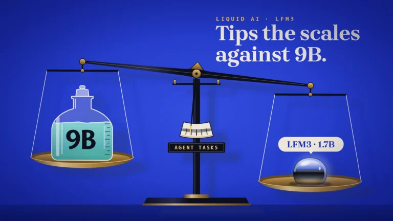 Balance scale where a tiny bead of liquid metal labelled LFM3 · 1.7B outweighs a large glass jug marked 9B.
