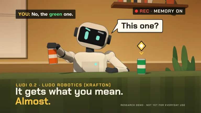Toon-shaded robot, told 'No, the green one', holds up the orange can and asks 'This one?' while a game marker hovers over the green can