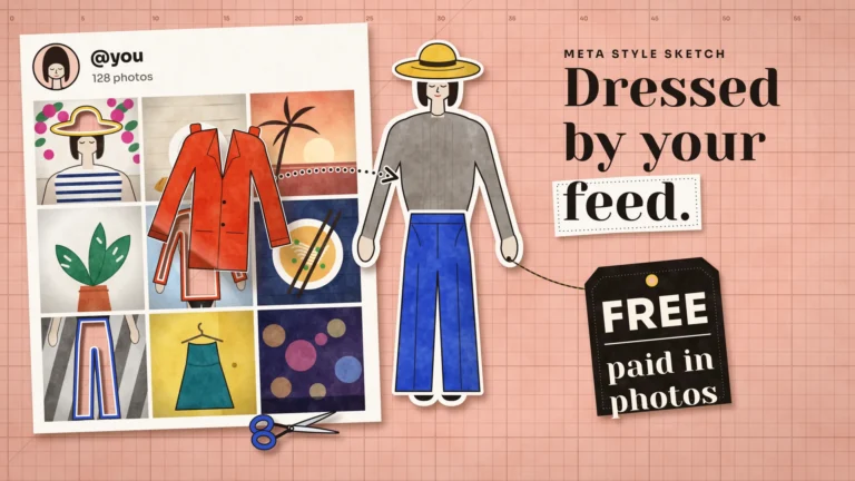 Paper doll on a pink cutting mat: a red jacket is lifted out of a feed photo, hat and trousers already on the doll; tag reads free, paid in photos