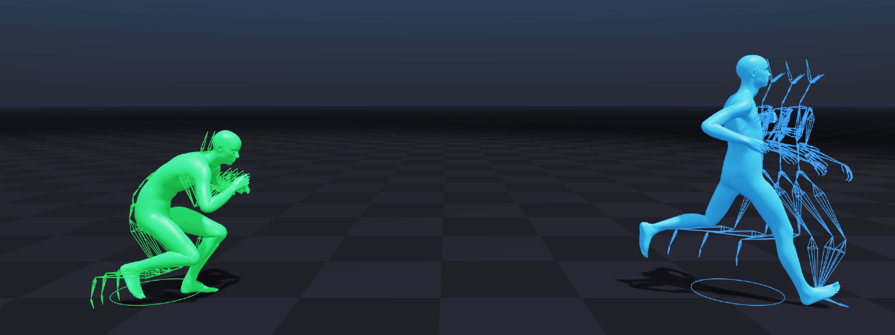 Green context poses on the left, a blue target pose on the right and grey in-between poses generated by the model