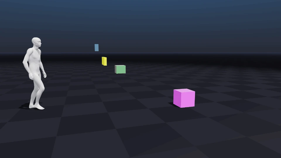 A grey test character in the MotionBricks Scene Preview walks past blocks and sits down on a pink cube