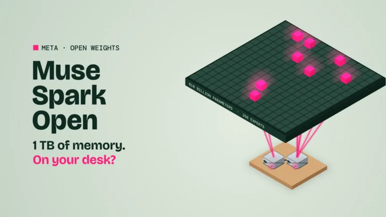 Isometric illustration: a dark slab of 256 experts with 8 lit in pink, floating over two small computers on a desk
