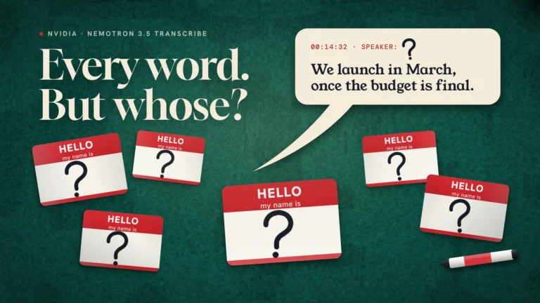Six blank HELLO my name is stickers with large question marks on green felt below a speech bubble with a perfectly transcribed sentence