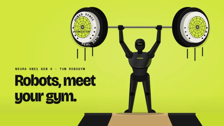 A slim humanoid in a black textile body lifts a barbell with plates reading real data, human demos and simulation