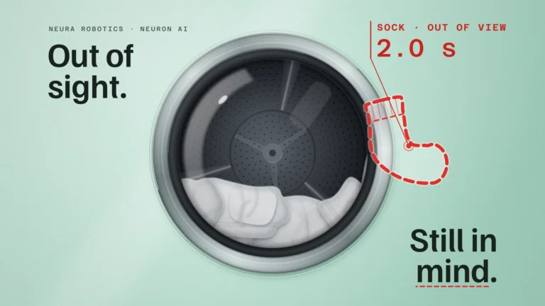 Mint washing machine with a large porthole, a red sock out of view shown as a dashed outline and the headline Out of sight. Still in mind.