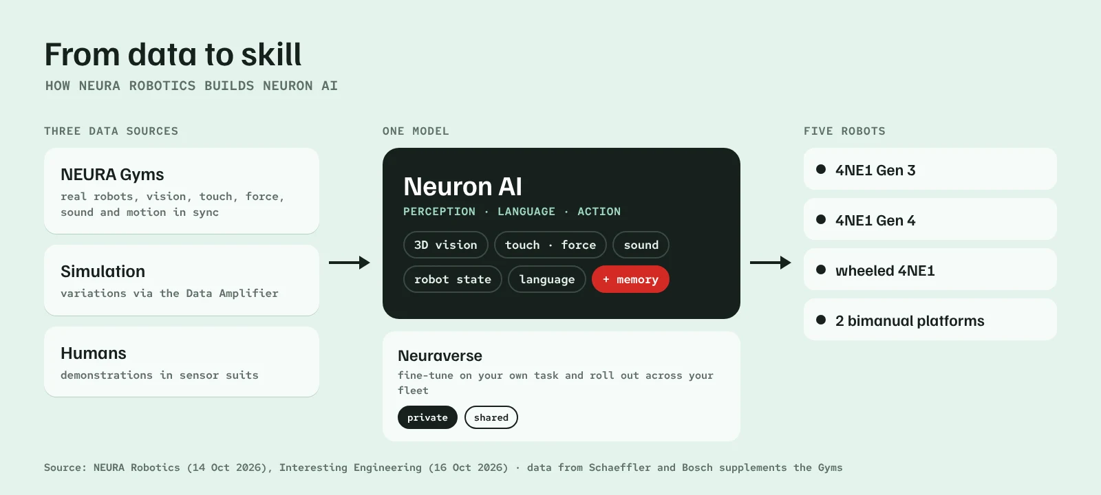 Diagram: three data sources feed Neuron AI, which sends skills through Neuraverse to five NEURA robots, kept private or shared
