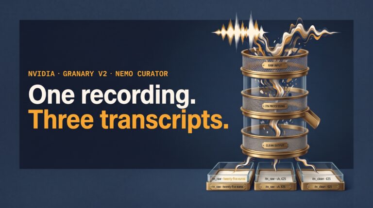 Brass and glass laboratory sieve stack sifting a raw audio soundwave into three transcript trays: tn_raw, itn_raw and itn_clean