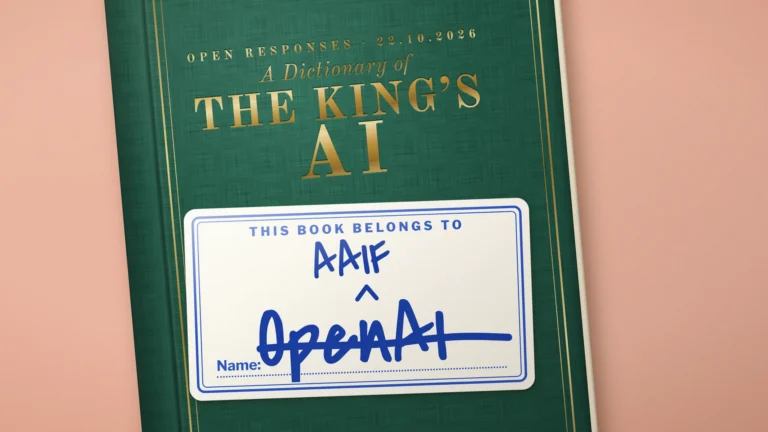 Green cloth dictionary "A Dictionary of The King's AI" with a school label: OpenAI struck out, AAIF written above