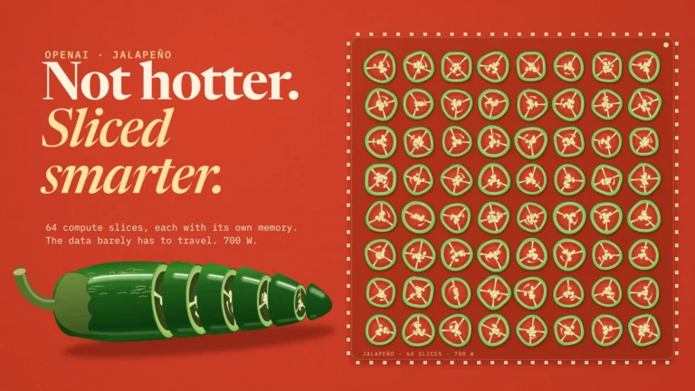 A glossy jalapeño cut into rings beside 64 pepper slices laid out as a chip, headline: Not hotter. Sliced smarter.
