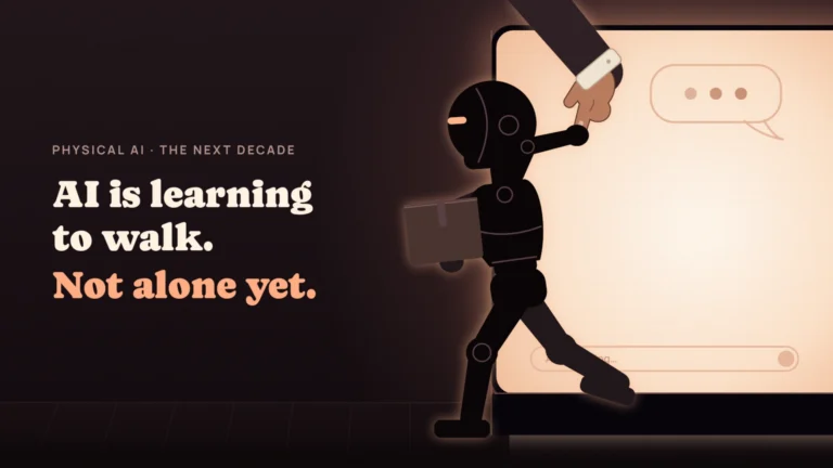 A small robot carrying a parcel steps shakily out of a chat screen into the real world, holding a human finger.