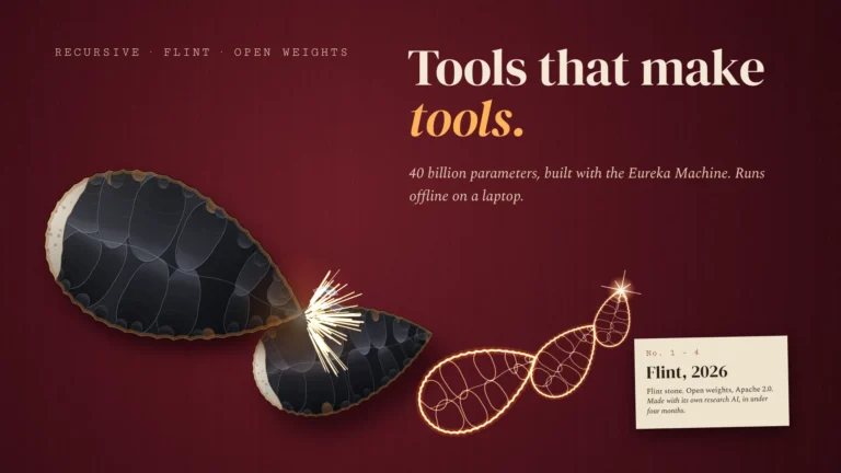 A flint hand-axe strikes a smaller one, and the sparks draw three ever smaller glowing copies of the same tool