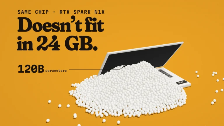 White laptop on saffron overflowing with a pile of white pearls labelled 120B parameters, headline Doesn't fit in 24 GB.