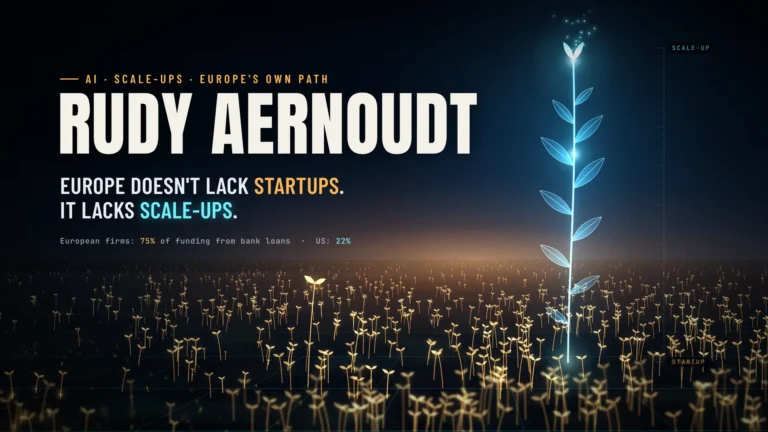 Night field of glowing amber sprouts with one tall cyan stem rising to a scale-up mark, next to the text Rudy Aernoudt