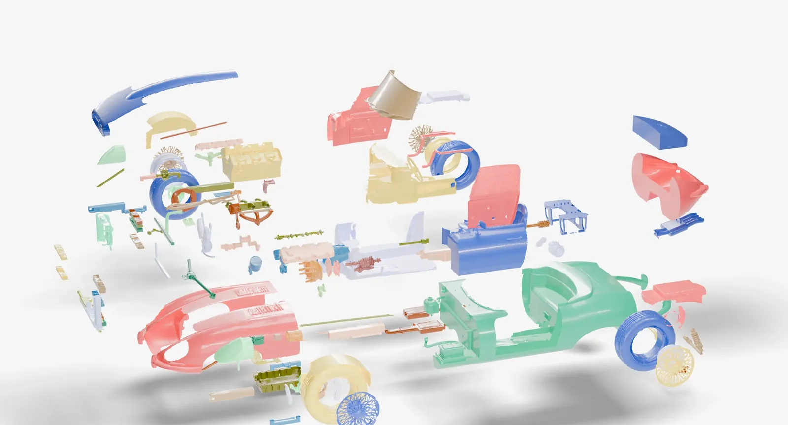 Exploded Jaguar E-Type roadster split into hundreds of coloured parts, generated by SKY-001 from a single image