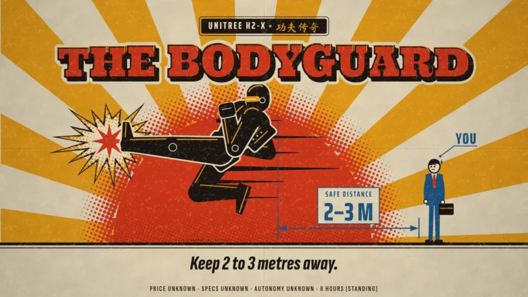 1970s kung fu movie poster: black humanoid robot in a flying kick, small figure YOU at a safe distance of 2 to 3 metres