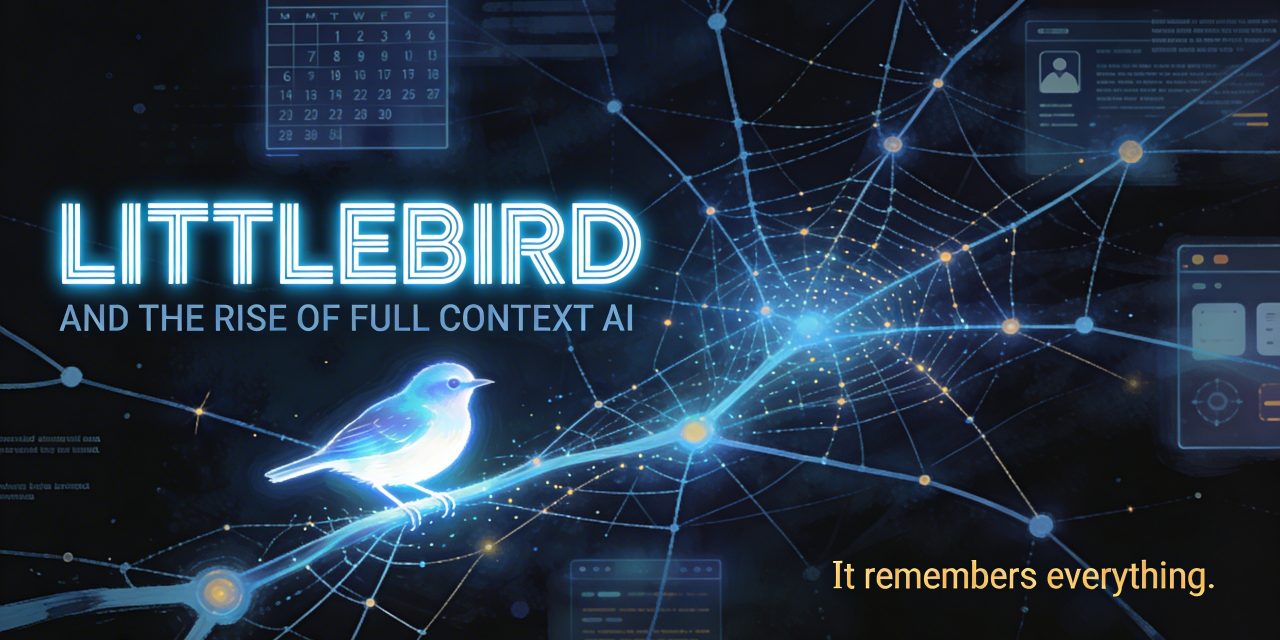 A wide horizontal 16:9 film cover in a painterly retro-futuristic style inspired by Laurent Durieux and Olly Moss. Deep near-black navy background. At the visual center-left, a single small luminous bird — rendered in glowing electric blue and white light — perches delicately, formed partially by and surrounded by a vast intricate web of thin glowing neural network lines and nodes radiating outward across the entire frame like synapses firing. The lines pulse with soft electric blue and faint amber-gold light, creating a sense of a living memory network. Ghosted, semi-transparent UI elements, calendar grids, text fragments, and app windows float subtly in the background, barely visible, as if being absorbed into the web — suggesting total digital memory. The atmosphere is cold, cerebral, beautiful, and quietly unsettling. On the left third of the frame, dominant bold all-caps geometric sans-serif text reads "LITTLEBIRD" in crisp glowing white with a faint electric blue outer glow — large, wide-tracked, authoritative. Directly below in smaller all-caps tracked-out cool blue-grey text reads "AND THE RISE OF FULL CONTEXT AI". In the lower right corner, a small italicized tagline in warm amber-gold reads "It remembers everything." The overall color palette is deep navy, electric blue, white light, with amber-gold accents. Highly stylized, graphic, cinematic, and premium in feel — like a prestige sci-fi film one-sheet.