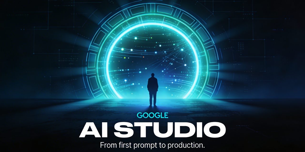 Horizontal 16:9 cinematic cover in a sleek retro-futurist sci-fi style inspired by Laurent Durieux and Olly Moss. Deep midnight blue and near-black background with a subtle geometric data-grid pattern fading into darkness at the edges. Center composition: a solitary dark silhouette of a person standing and facing a massive glowing circular portal — the portal radiates electric cyan and teal light with concentric geometric rings, casting dramatic cool-toned rim lighting across the entire scene. Inside the portal, abstract luminous layers suggest infinite data streams and neural pathways rendered as soft glowing lines and dots. The light from the portal bleeds softly across the lower ground plane. The atmosphere is tense, cerebral, beautiful — like a still from a near-future thriller. At the bottom of the image, bold all-caps condensed typography reads "AI STUDIO" in stark white Futura-style lettering, very large and dominant. Directly above it in tightly letter-spaced smaller caps: "GOOGLE" in electric cyan. Below the main title in delicate light-weight italic small text: "From first prompt to production." The overall palette is deep navy, black, electric cyan, teal, and cold white highlights. No lens flare — clean, graphic, high contrast, with a painterly illustrative quality. Cinematic and iconic, wide horizontal composition.