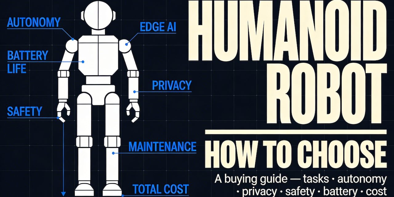 A high-end horizontal 16:9 graphic design poster cover with a deep navy-black background. On the left-center of the composition, a large bold geometric schematic silhouette of a humanoid robot is rendered in crisp white line art — the figure is constructed from pure geometric shapes: a perfect circle for the head, a rectangular torso, cylindrical arms and legs, minimal and precise like an engineering blueprint or industrial design diagram. Thin precise annotation leader lines radiate outward from key zones of the robot figure to small bold all-caps labels in electric cobalt blue: "AUTONOMY" pointing to the head, "EDGE AI" near the skull, "BATTERY LIFE" at the chest, "PRIVACY" at the torso center, "SAFETY" near one hand, "MAINTENANCE" near the lower body, "TOTAL COST" pointing downward — each label set in tight condensed grotesque type, small but sharply legible, like a technical product specification sheet elevated to poster art. The right two-thirds of the composition features bold stacked condensed sans-serif typography in warm cream-white: massive oversized word "HUMANOID" dominating the upper-right zone in ultra-bold condensed type, below it in slightly smaller but still very large type "ROBOT" and beneath that a clean horizontal rule, then the words "HOW TO CHOOSE" in structured caps with generous letter-spacing, and at the very bottom right in small regular weight type "A buying guide — tasks · autonomy · privacy · safety · battery · cost". A very subtle orthographic grid of fine light-grey lines covers the entire background like graph paper at 5% opacity, reinforcing the technical schematic language. Two thin horizontal blue accent rules span the full width of the composition — one near the top edge, one near the bottom — anchoring the layout with editorial precision. The overall mood is sleek, intelligent, technically confident, and future-forward: the visual feel of a premium industrial design exhibition poster crossed with a Wired magazine editorial cover, rendered with Swiss modernist clarity and sharp typographic hierarchy. Electric cobalt blue accents, warm cream typography, and a deep near-black navy background define the entire color system.