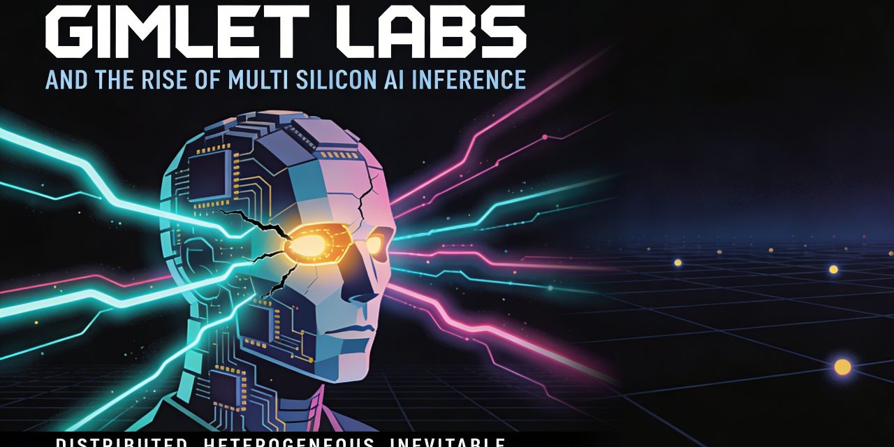 Wide 16:9 horizontal film cover in a highly stylized retro-futurist illustrated print style inspired by Olly Moss and Laurent Durieux. Deep midnight black background with subtle dark grid lines receding into the distance suggesting vast invisible infrastructure. Centered slightly left, a large geometric fragmented humanoid head or skull constructed entirely from stacked silicon chip layers and circuit board geometries, cracking apart and splitting into multiple diverging glowing pathways that arc outward across the composition like neural branches or data streams — rendered in a clean vector-illustration style with sharp edges and deliberate flat color planes. The core of the head emits a warm amber-gold internal glow, while the diverging paths pulse in electric teal and cool magenta neon light trails. At the top of the image, bold condensed white sans-serif capital letters read "GIMLET LABS" — stark, wide-tracked, commanding, in a tight geometric typeface. Directly beneath in smaller, lighter steel-blue condensed tracking: "AND THE RISE OF MULTI SILICON AI INFERENCE". At the very bottom center in tiny ultra-spaced white capslock lettering: "DISTRIBUTED. HETEROGENEOUS. INEVITABLE." — acting as a tagline strip. The right third of the image fades into atmospheric dark depth with faint receding grid planes and distant glowing node points like edge servers across a horizon. Color palette strictly: black, deep navy, electric teal, neon magenta, warm amber gold, and cold white type. No photorealism — clean flat illustration with subtle gradient depth, high contrast, bold cinematic composition.