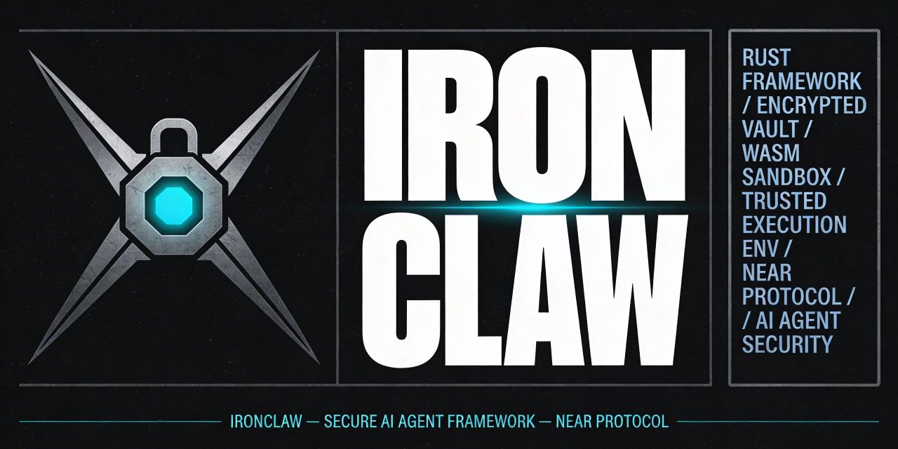 A horizontal 16:9 graphic design poster cover for a blogpost titled "IronClaw by NEAR and the case for secure AI agents." Deep near-black background (#0D0D0D) with a fine industrial grain texture adding material weight. The composition is divided into three horizontal zones. On the far left third, a large abstract geometric symbol rendered in cold steel-gray vector lines: four sharp angular bars converging from the corners toward a central locking hexagonal node, forming a stylized iron claw or containment mechanism — precise, mechanical, like a vault lock or satellite mount, rendered as pure sharp vector geometry with a single electric cyan accent (#00FFCC) glowing at the central locking point, suggesting both grip and containment. Center of the composition dominated by massive ultra-condensed heavy grotesque type stacked in two lines: "IRON" above "CLAW" — each word filling nearly the full vertical height of the frame in stark white, extremely bold, compressed, architectural, almost structural — the letterforms acting as load-bearing design elements. The "W" in CLAW has a faint electric cyan underline or geometric rule cutting beneath it, marking it as a signal element. On the right third, a tightly organized column of very small monospaced technical metadata in cold blue-gray, arranged like a security manifest or classified system readout, reading: "RUST FRAMEWORK / ENCRYPTED VAULT / WASM SANDBOX / TRUSTED EXECUTION ENV / NEAR PROTOCOL / AI AGENT SECURITY" — each line separated by a thin hairline rule, evoking a terminal readout or security access log. A thin rectangular box frame in steel-gray lines borders the entire right column. At the very bottom of the composition, spanning the full width, a thin horizontal rule in electric cyan with tiny monospace text reading "IRONCLAW — SECURE AI AGENT FRAMEWORK — NEAR PROTOCOL" anchors the design like a classified document footer. The overall aesthetic is Swiss modernist industrial poster design — authoritative, structured, technically precise, compositionally tight, with a single electric accent on a monochrome field, evoking fortified intelligence and controlled power. No illustration. No decorative elements. Pure designed geometry, bold typography, and signal-system precision.