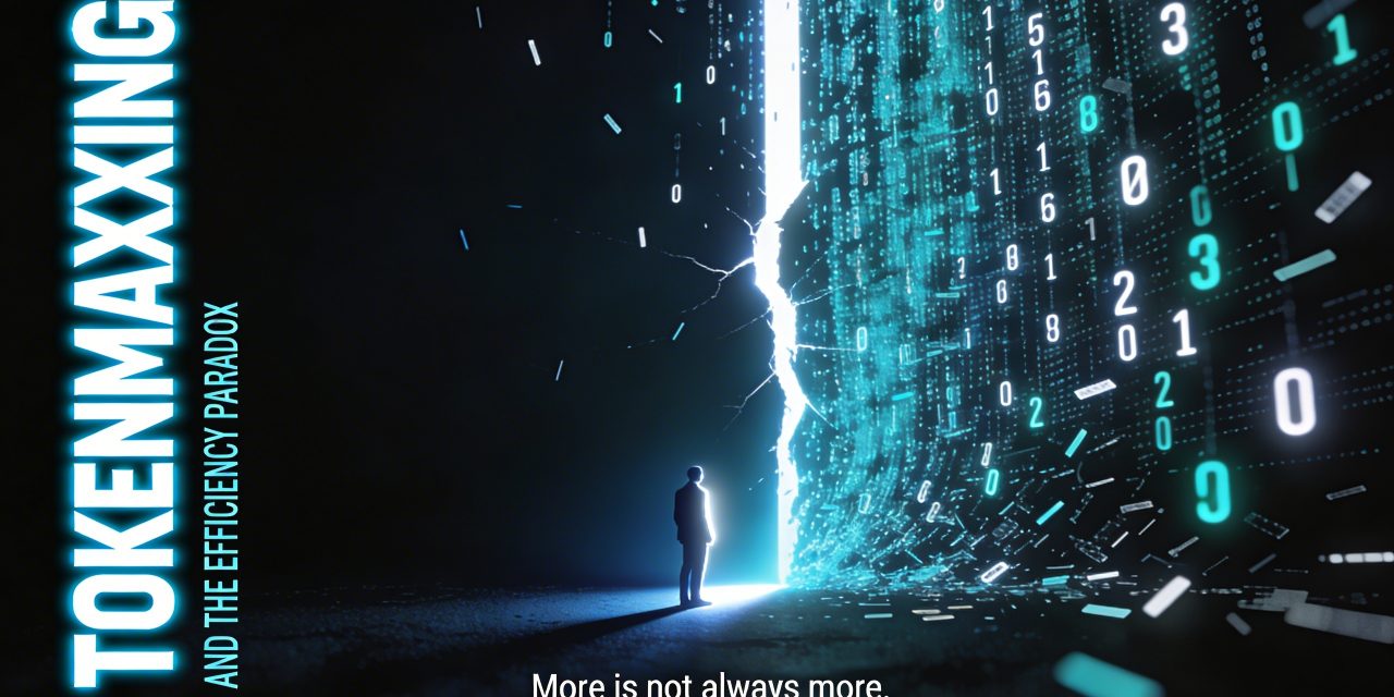 Wide 16:9 cinematic film cover in a cold techno-thriller style. Deep black background with electric midnight blue gradients. The right two-thirds of the frame is filled with a dense, cascading stream of glowing white and pale cyan numerical digits and code fragments — resembling falling tokens or data rain — slightly blurred at the edges to suggest overwhelming volume. At the center of the image, this data stream is violently fractured and split apart, revealing a sharp beam of pure white light cutting through the darkness like a void of clarity. Slightly left of center, a lone human silhouette — a person in a suit, facing slightly away from the viewer — stands at the point of fracture, bathed in the clean white light, dwarfed by the surrounding data flood but occupying the one clean space. The figure's edges glow faintly with cold blue-white light. On the far left side of the frame, vertically anchored, is the main title text: "TOKENMAXXING" in a massive, ultra-condensed stark white sans-serif font with a faint electric blue outer glow — bold, cold, precise, stacked tightly. Directly beneath it in much smaller, wide-tracked uppercase thin sans-serif letters in pale cyan: "AND THE EFFICIENCY PARADOX". At the very bottom of the frame, centered, in tiny monospace typewriter-style white text with low opacity: "More is not always more." The entire image has a cold, clinical, slightly dystopian mood — sharp contrast, minimal color palette of black, deep navy, electric teal, and pure white — styled after the reductive graphic precision of Olly Moss and the psychological tension of Akiko Stehrenberger, with fine halftone grain texture overlaid across the entire surface.