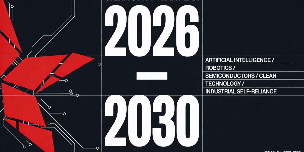 A high-end graphic design poster cover in 16:9 horizontal format. Deep near-black navy background (#0a0f1e). The composition is divided into a strict horizontal grid system with thin white rule lines separating three zones left to right. On the left third, a large deconstructed geometric red star — fragmented into sharp angular shards and thin circuit-like lines, suggesting both the Chinese national symbol and a schematic technology diagram — sits as the dominant graphic object, rendered in bold red (#e8001a) with fine white line details. In the center, massively oversized condensed sans-serif numerals read "2026–2030" in stark white, nearly filling the full vertical height of the frame, slightly cropped at top and bottom for typographic drama and scale. Above the large numerals, in tightly tracked ultra-condensed bold white capitals at a much smaller size: "CHINA'S FIVE YEAR PLAN". Below the numerals, a single thin red horizontal rule line extends across the full width. On the right third of the composition, a clean vertical stack of small-caps white labels in a structured list format reads: "ARTIFICIAL INTELLIGENCE / ROBOTICS / SEMICONDUCTORS / CLEAN TECHNOLOGY / INDUSTRIAL SELF-RELIANCE" — each line separated by a hairline rule, like a data table or policy register. In the far bottom-right corner, tiny white metadata type reads: "15TH PLAN · 2026–2030 · INVESTMENT & GLOBAL IMPACT". The overall aesthetic fuses Chinese constructivist poster boldness with Swiss modernist grid discipline and contemporary editorial design — structured, powerful, premium, and conceptually precise. No gradients except subtle dark texture on the navy background suggesting a slight paper grain. The composition reads immediately as a serious, world-class policy and investment visual — authoritative, striking at thumbnail scale, and typographically masterful.