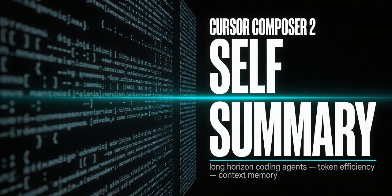 A high-end horizontal 16:9 graphic design poster cover with a deep black background. On the far left third, a dense rectangular block of tiny monospaced terminal characters — code fragments, brackets, semicolons, variable names — rendered in dim cool white, forming a rich textural field that visually represents a long codebase or extended context window. Moving rightward, this dense text field progressively compresses and narrows, the characters becoming smaller and more faint, converging toward a single razor-thin luminous electric cyan horizontal line that cuts across the exact center of the composition — a precise visual metaphor for self-summarization, the act of compressing long context into essential meaning. This cyan line is the conceptual spine of the entire poster. To the right of the compression point, the background remains clean and stark black. Dominating the right two-thirds of the composition, oversized ultra-bold condensed white sans-serif typography stacked in two lines reads "SELF" on top and "SUMMARY" below, set at a massive scale with tight leading, acting as the primary architectural visual element of the cover. Above this stack in smaller but still bold condensed white type: "CURSOR COMPOSER 2". Below the main type stack, in tiny monospaced light-gray text: "long horizon coding agents — token efficiency — context memory". A fine cyan horizontal rule separates the metadata from the main type block. The overall palette is strictly black, white, and electric cyan — a cold, intelligent, terminal-inspired modernist palette. Subtle halftone grain texture overlays the entire surface adding depth and a fine-print feel. The composition reads left to right as a narrative of compression: density to distillation to meaning. The design language is Swiss modernist grid thinking fused with technical editorial boldness — precise, concept-driven, visually striking, and custom-made for this exact article on AI coding agents and self-summarization.
