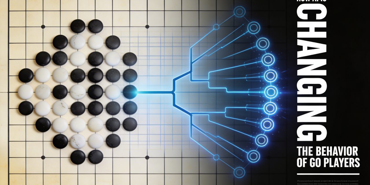 A world-class horizontal 16:9 graphic design poster cover for a blogpost titled "How AI is Changing the Behavior of Go Players." The composition is built entirely around a large, precisely rendered Go board grid that spans the full width of the image as both background and conceptual structure, with fine black grid lines on a warm off-white ivory paper-toned surface. On the left half of the board, classic hand-placed Go stones — pure matte black and white circles with subtle organic imperfection — are arranged in a recognizable game pattern, suggesting ancient human strategy and centuries of accumulated wisdom. Moving right across the board, the stones gradually transform: they become smaller, perfectly geometric, replaced by precise ringed data-node circles with a faint electric blue halo, suggesting machine computation overtaking the human placement. From a single central intersection point slightly left-of-center, a branching decision-tree structure radiates outward in thin crisp electric blue lines — like both a game-tree search algorithm and a move calculation map — its branches fanning toward the right edge of the composition, visually representing the AI's deep analytical reach. A subtle secondary ghost-grid, very faintly offset behind the main board, suggests an AI's computed board state overlapping reality. The deep right portion of the image darkens toward near-black, creating a dramatic gradient from warm ivory human-side to cold machine-dark AI-side, with the electric blue decision-tree glowing against this dark field. Bold ultra-condensed sans-serif typography is anchored in the right third of the composition: "HOW AI IS" in small tight tracking above, then "CHANGING" in massive oversized weight that commands the vertical space, then "THE BEHAVIOR OF GO PLAYERS" in compact condensed type below, all in crisp white against the dark right panel. A single horizontal rule separates the headline from a small line of metadata text at the bottom right in tiny spaced monospace: "AlphaGo · KataGo · Opening Theory · Decision Making · Player Psychology." The entire image has a fine paper grain texture applied, giving it an elevated print-poster quality. The color palette is restricted to warm ivory, deep black, pure white, and a single electric blue accent used exclusively for the AI data-node halos and decision-tree lines. The result feels like a museum exhibition poster meets an avant-garde technology cultural print — minimal, intellectual, conceptually sharp, and unmistakably custom-designed for exactly this article.