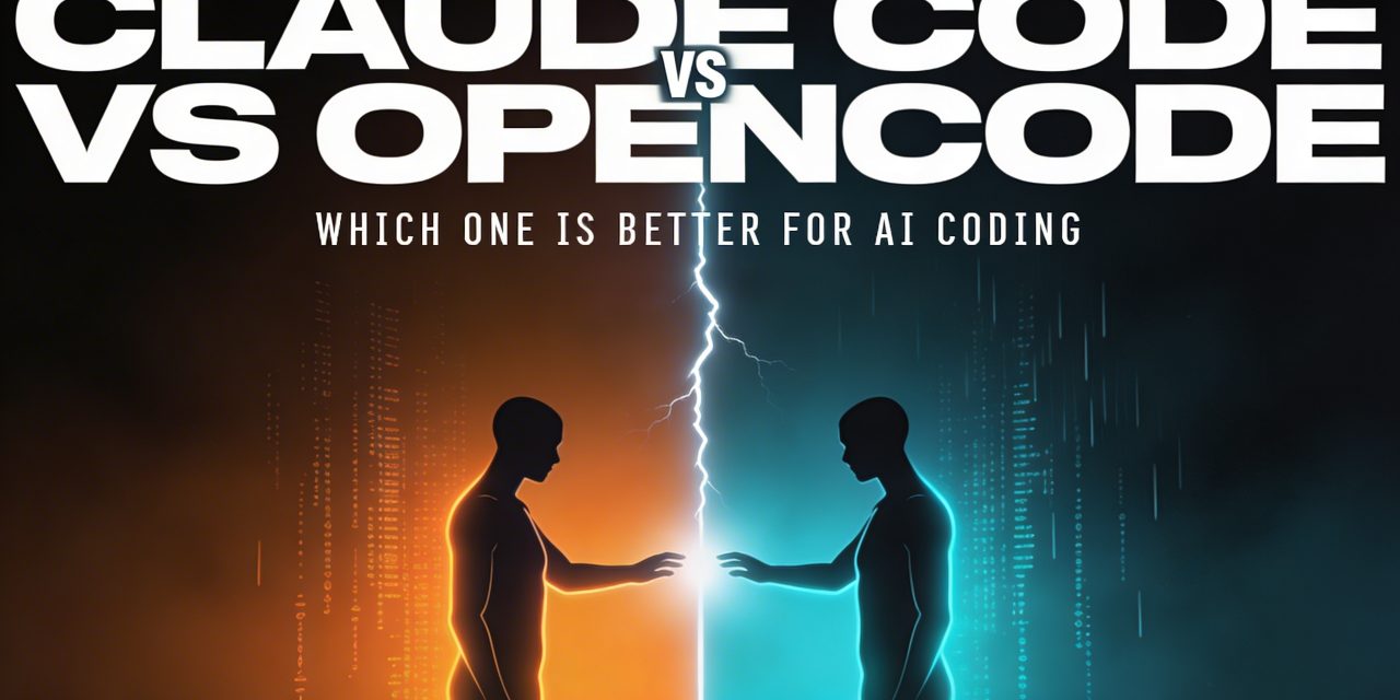 Wide 16:9 horizontal film cover art in the style of Olly Moss and Jay Shaw — stark, minimalist, graphic, high-contrast. The background is split perfectly down the vertical center: the left half bathes in deep warm amber-orange darkness, the right half in cold electric cyan-blue darkness, both fading into near-black at the edges. A thin crackling line of white light runs vertically down the exact center like a terminal cursor or a lightning bolt seam between two worlds. In the lower-center of the frame, two stylized flat silhouettes of humanoid figures face each other from opposite sides, each reaching toward the center light — rendered in bold black silhouette with minimal color detail, Olly Moss graphic style. The left figure has a faint amber glow outlining it, the right figure a faint cyan glow. Behind each figure, faint cascading lines of code in their respective colors fall vertically like digital rain, subtle and atmospheric. At the top of the frame spanning the full width in massive bold white ultra-condensed sans-serif all-caps typography: "CLAUDE CODE VS OPENCODE" — the word "VS" slightly smaller and centered in bright white at the split. Directly beneath the main title in small tight-tracked white monospace font: "WHICH ONE IS BETTER FOR AI CODING". At the very bottom of the frame, a thin horizontal bar in dark charcoal contains tiny white mock production credit text in classic film style. The overall mood is tense, sleek, cinematic, and technological — a duel of philosophies rendered in graphic minimalist film art.