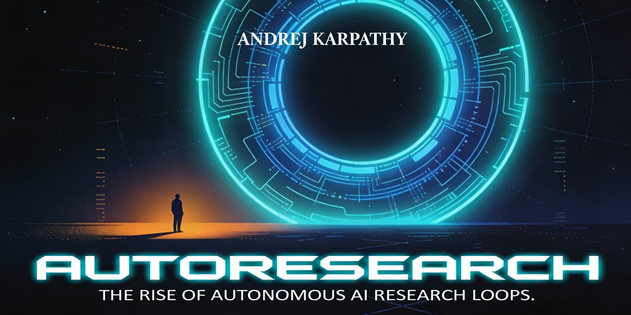 Wide 16:9 cinematic film cover illustration in the style of Olly Moss and Laurent Durieux — flat geometric retro-futurist illustration with a deep space navy and near-black background. Center composition: a massive, perfectly geometric glowing circular feedback loop rendered in electric cyan and cobalt blue light, made of fine circuitry lines and recursive rings within rings, emanating a cold luminous glow that bleeds into the dark background. Standing at the left-center of the composition, a lone small human silhouette in dark amber-orange backlight faces the loop, dwarfed by its scale, conveying awe and unease. The atmosphere is cold, cerebral, and vast. Subtle code fragments and faint grid lines dissolve into the dark background. At the very top of the frame, centered, the text "ANDREJ KARPATHY" in small, widely letter-spaced elegant white uppercase serif — like a director credit. Dominating the lower third of the image, the bold all-caps geometric sans-serif title "AUTORESEARCH" in wide white letters with a faint electric cyan inner glow, strong and commanding. Directly beneath it in thin, tightly letter-spaced white uppercase text: "THE RISE OF AUTONOMOUS AI RESEARCH LOOPS." Color palette strictly: near-black, deep navy, electric cyan, cobalt blue, warm amber. Flat geometric illustration, limited palette, high contrast, deeply atmospheric, no photorealism, no 3D render feel — pure graphic, poster illustration style.