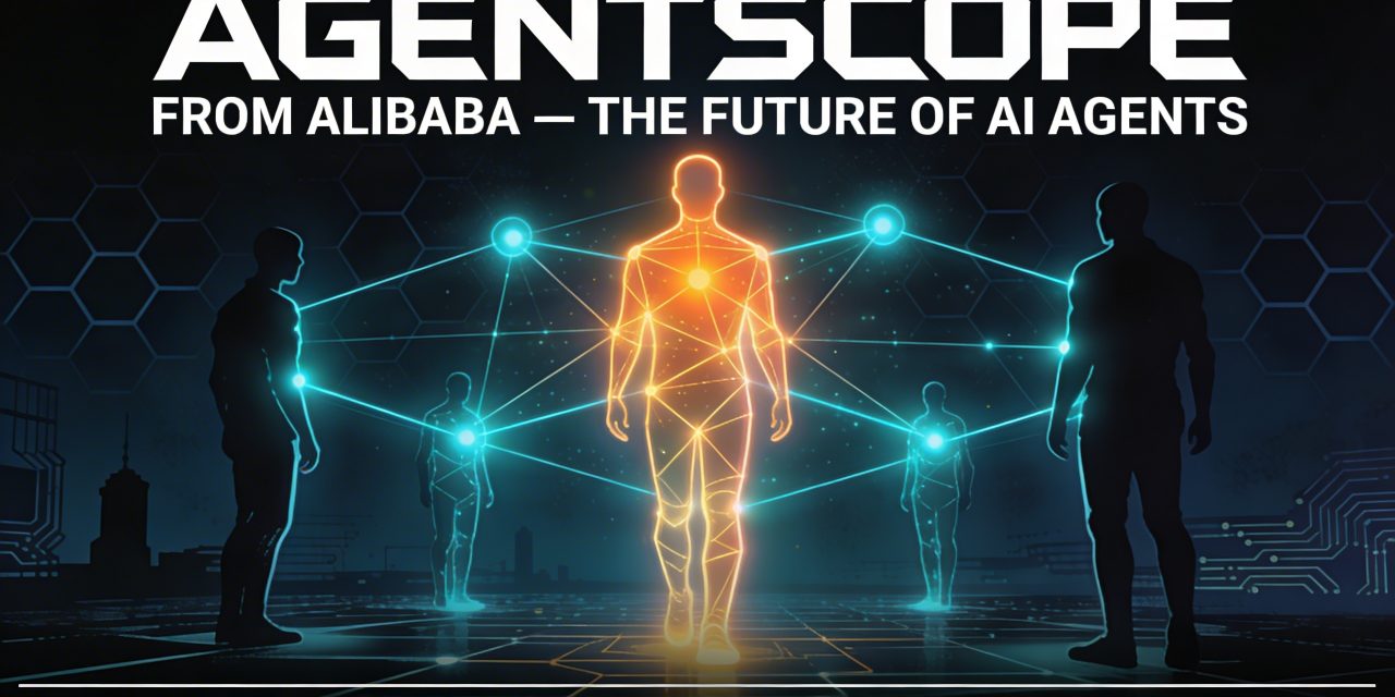 AgentScope multi-agent AI system illustration showing interconnected glowing nodes in a futuristic network.
