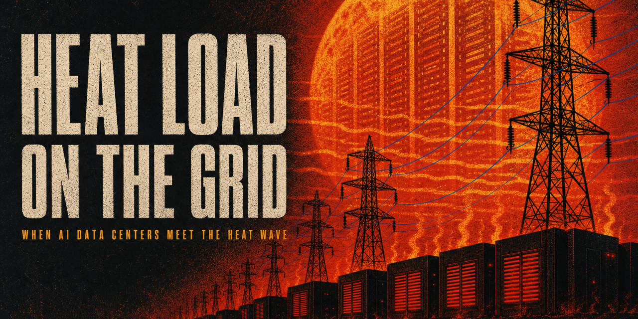 Screenprint poster: giant heat-warped sun with server-rack lines, power pylons, glowing data centers, title 'HEAT LOAD ON THE