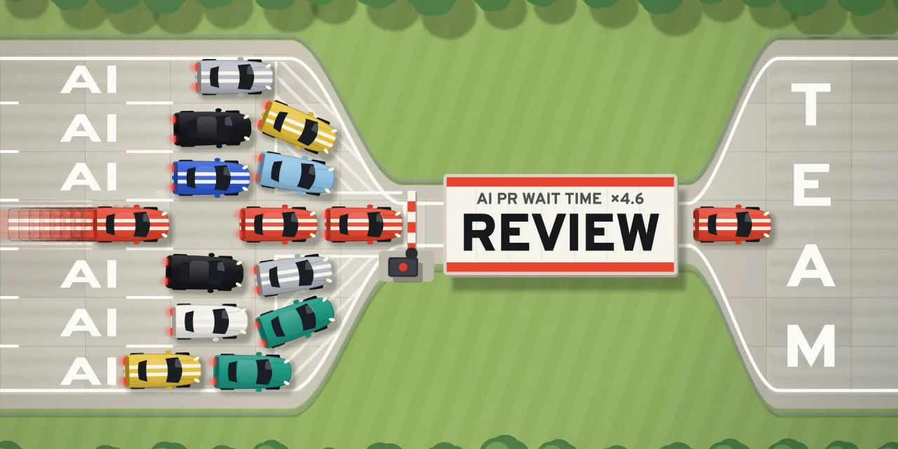 Aerial view of an hourglass motorway: seven AI lanes of sports cars squeeze through one REVIEW toll gate, the TEAM road beyond is empty